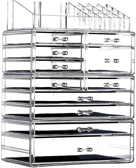 Cq acrylic Clear Makeup Storage Organizer Drawers Skin Care Large Cosmetic Display Cases Stackable Storage Box With 11 Drawers For Dresser,Set of 4