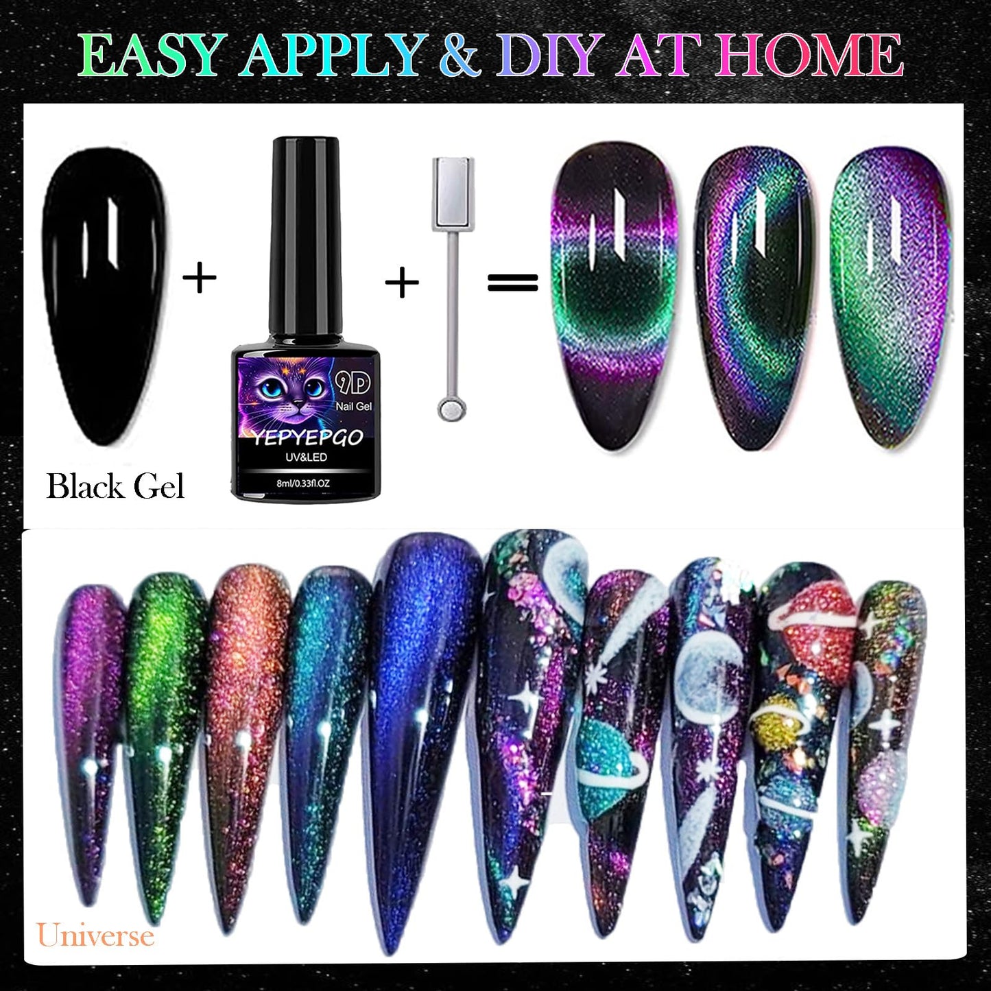 YEPYEPGO 9D Cat Eye Gel Nail Polish Set 12 Colors, Cat Eye Gel Polish with Magnet, Magnetic Cateye Gel Chameleon Galaxy Effects Professional Use for Salon