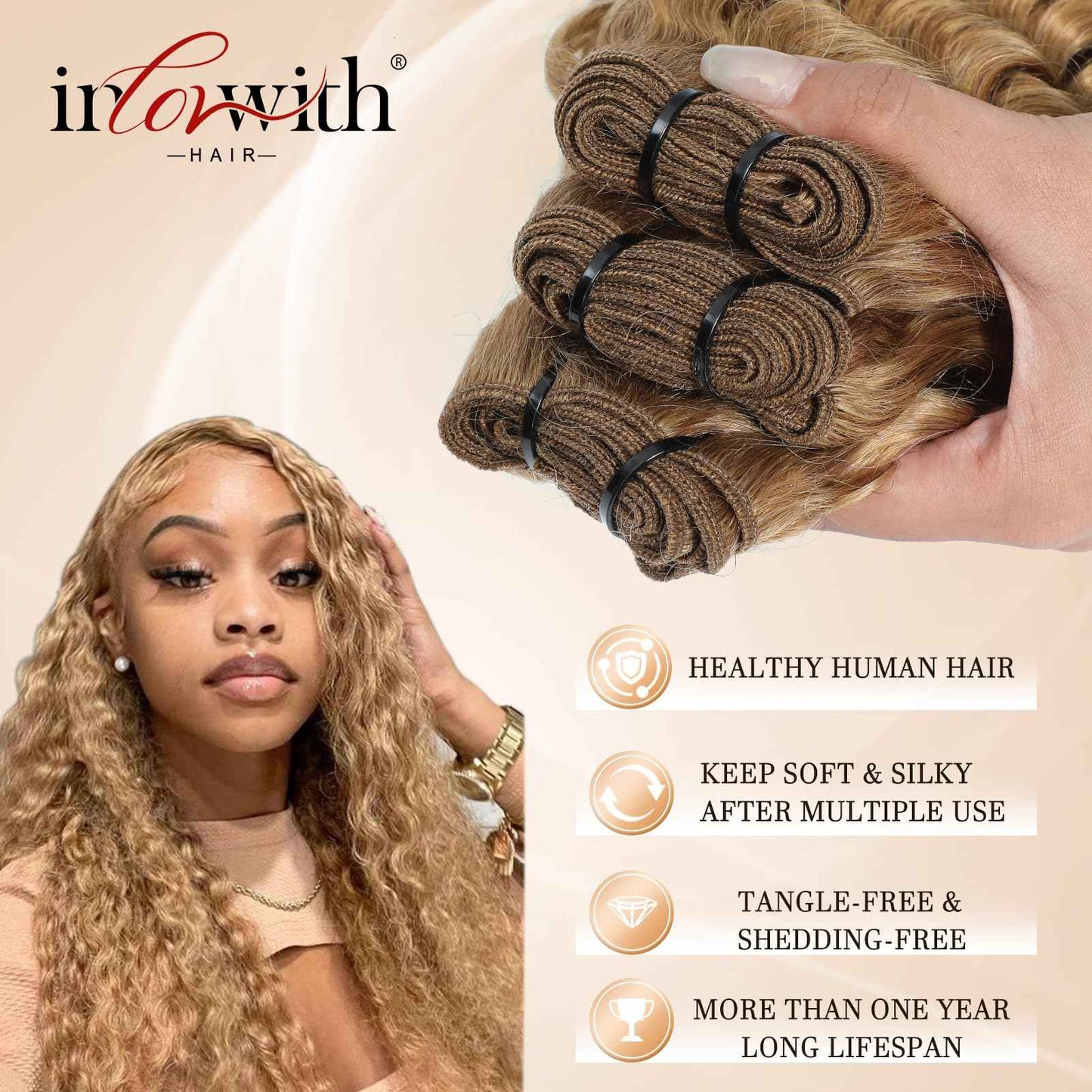 inlovwith Honey Blonde Deep Wave Human Hair Bundles, Selected Healthy Deep Curly Bundles Human Hair 27# Colored Brazilian Virgin Hair Wet and Wavy (Single Bundle, 18 Inches)