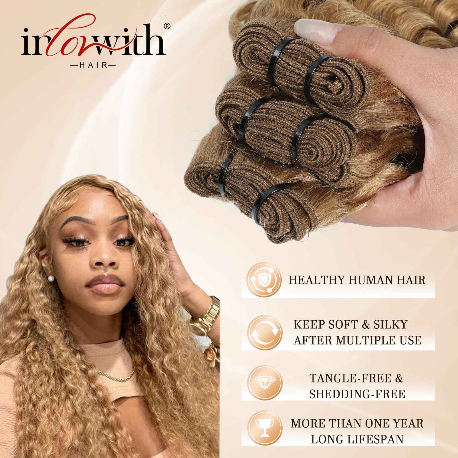 inlovwith Honey Blonde Deep Wave Human Hair Bundles, Selected Healthy Deep Curly Bundles Human Hair 27# Colored Brazilian Virgin Hair Wet and Wavy (Single Bundle, 18 Inches)
