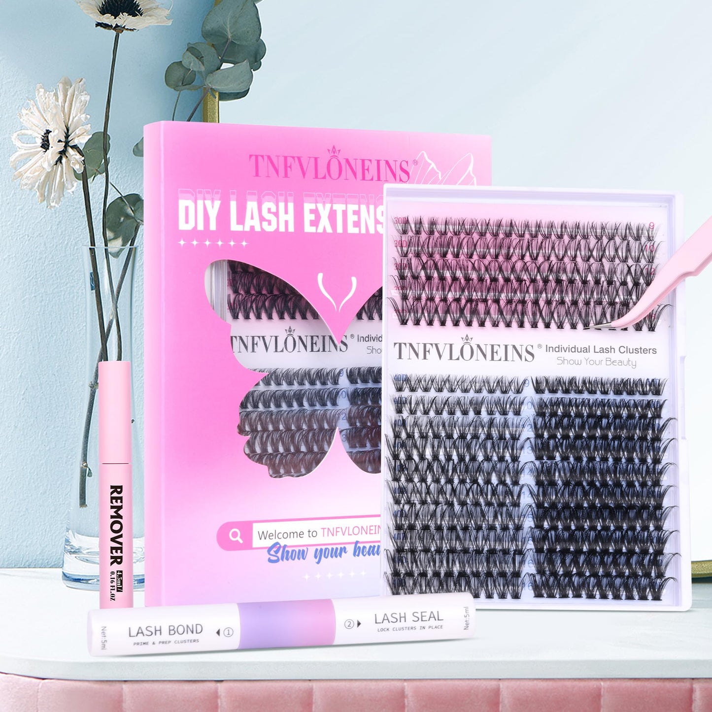 DIY Lash Extension Kit 300pcs Lash Clusters D Curl Eyelash Extension Kit 9-16MM Individual Lashes Kit Bond and Seal,Lash Remover and Eyelash Application Cluster Lashes Kit by TNFVLONEINS (30D+40D+50D)