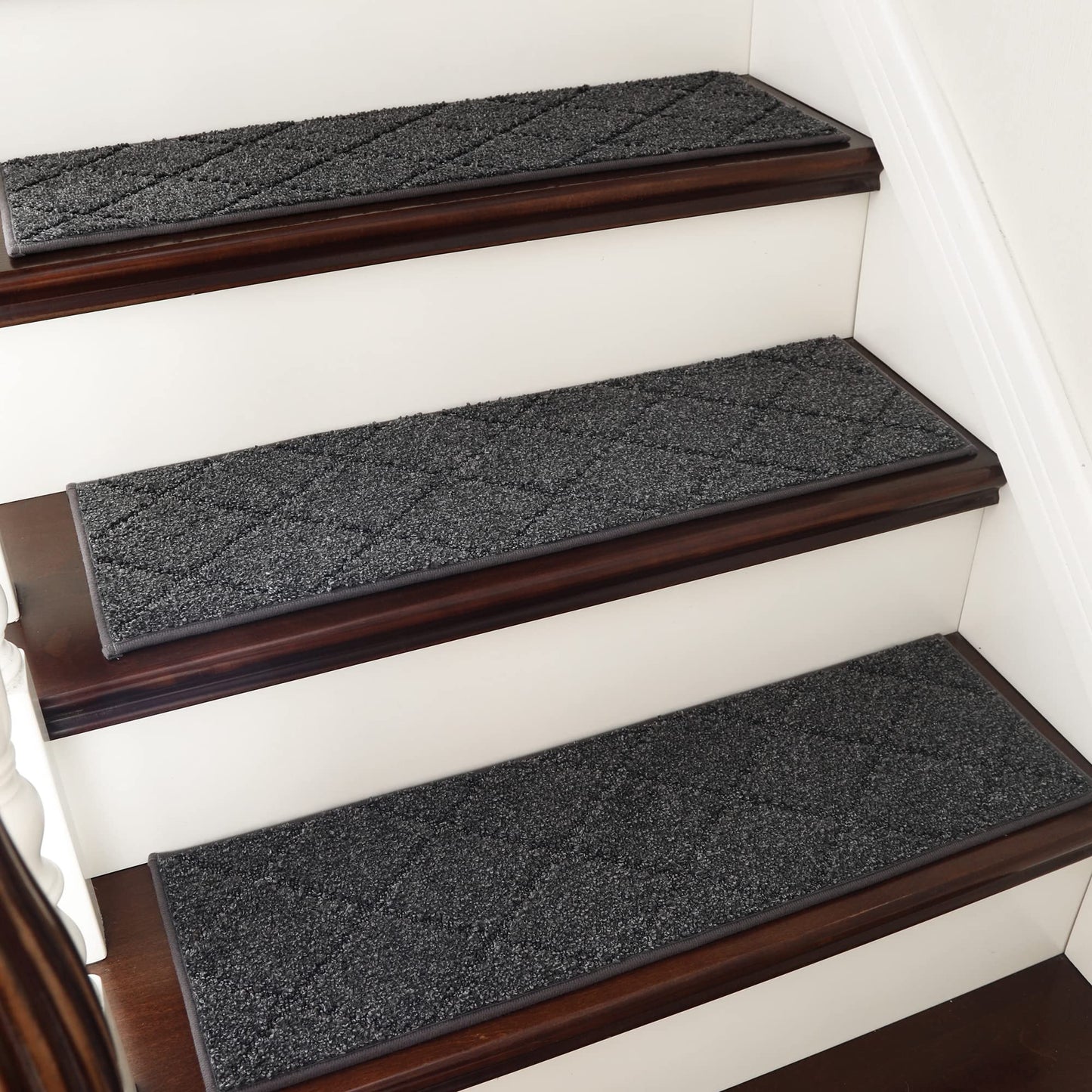 COSY HOMEER Edging Stair Treads Non-Slip Carpet Mat 28inX9in Indoor Stair Runners for Wooden Steps, Edging Stair Rugs for Kids and Dogs, 100% Polyester TPE Backing (4pc, Black)