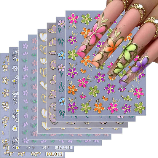 Tyuimhx 8 Sheets Flowers Stickers for Nail Art 3D Gold Silver Purple Pink Blue Green Flower Designs Stickers for Nail Art Supplies Spring Summer Nail Stickers for Women DIY Nail Art Decorations
