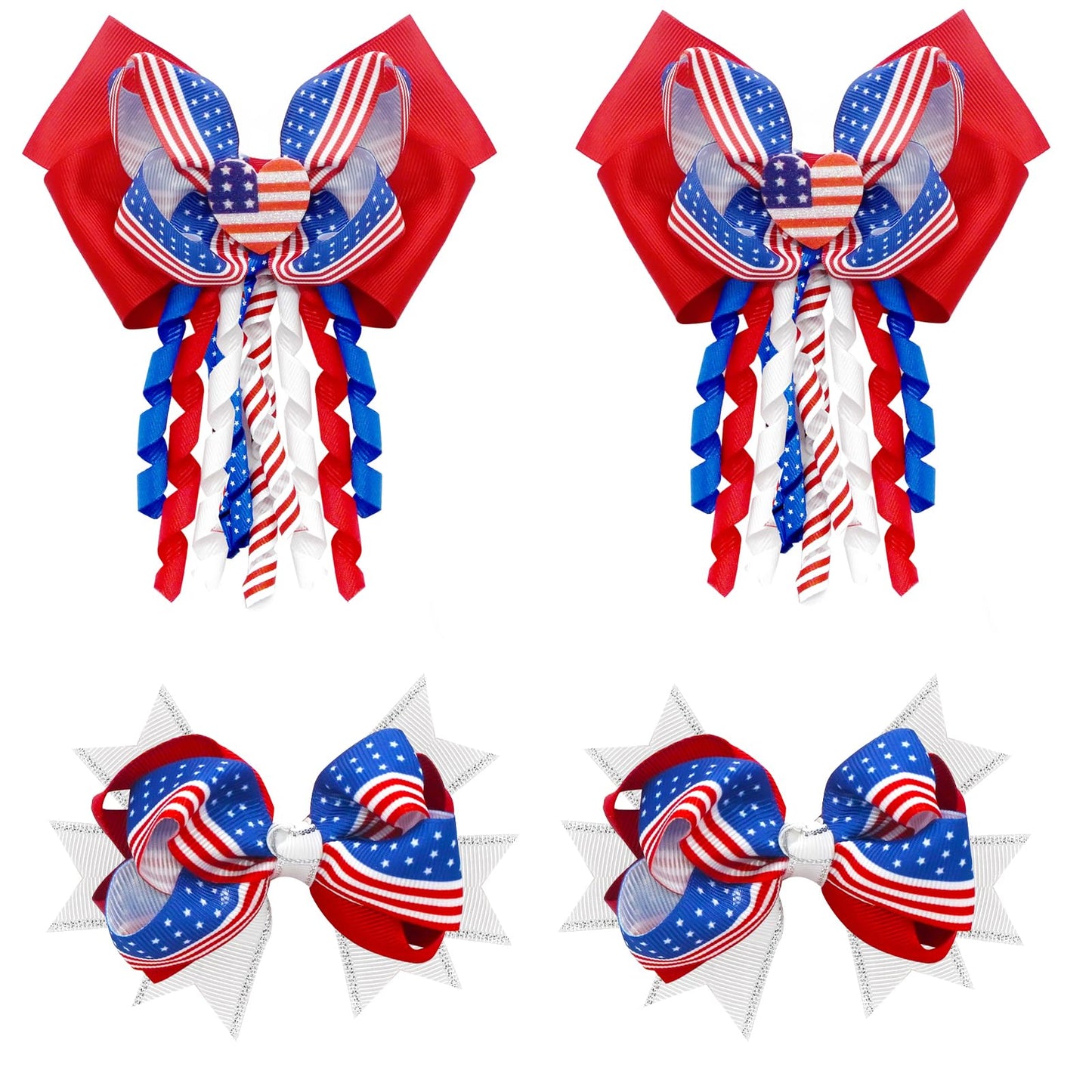 JUCCPUL 4Pcs 4th of July Hair Bows Clips for Girls American Flag Barrette Hair Bow Patriotic Stars and Stripes Hairgrips Baby Girls Women Hair Accessories 5inch