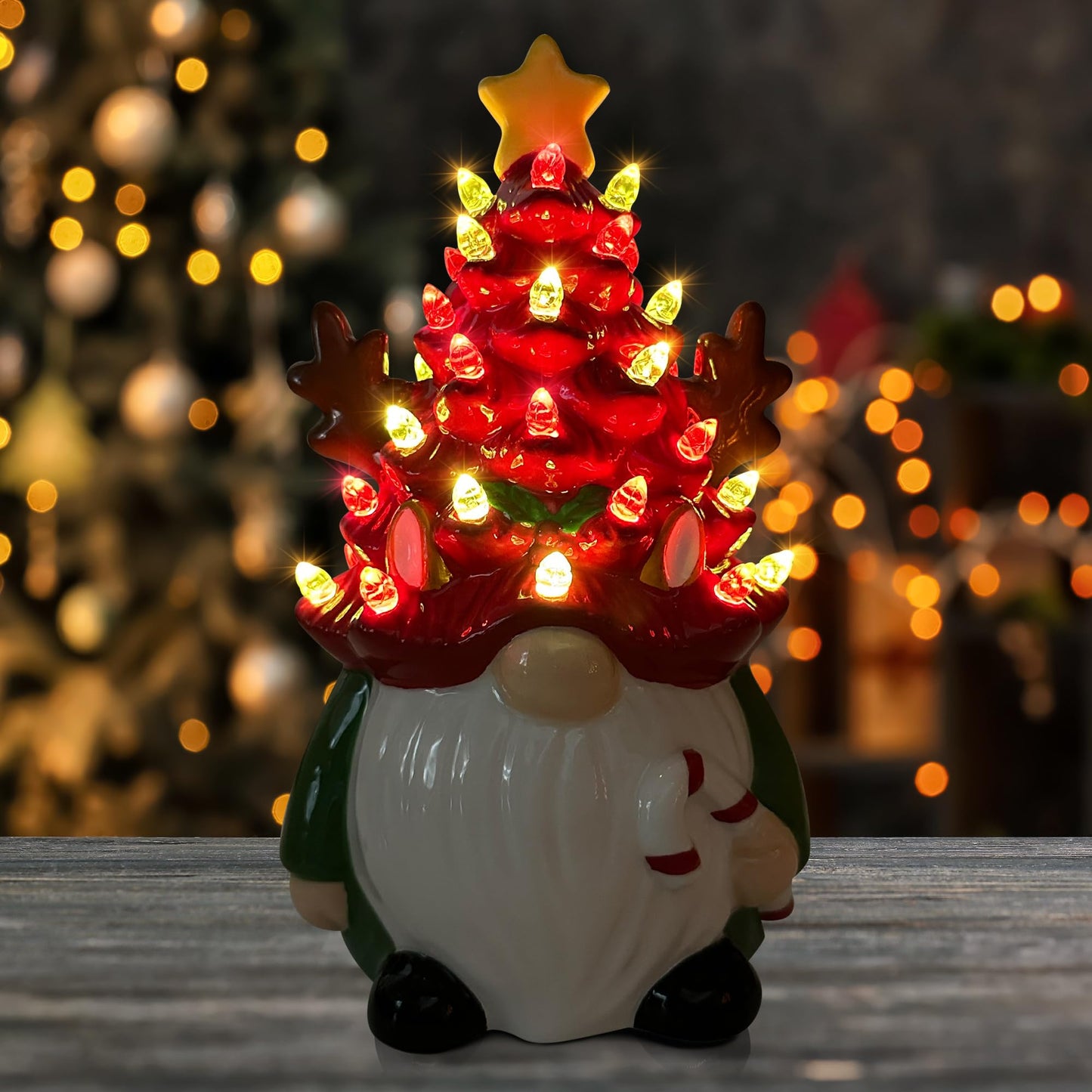 pinata Deer Ceramic Christmas Tree Gnomes, Christmas Kids Women Gifts Lighted Small Christmas Tree Christmas Decorations Indoorhome Room Table Top, LED Farmhouse Reindeer Decor Figurine (Red Green)