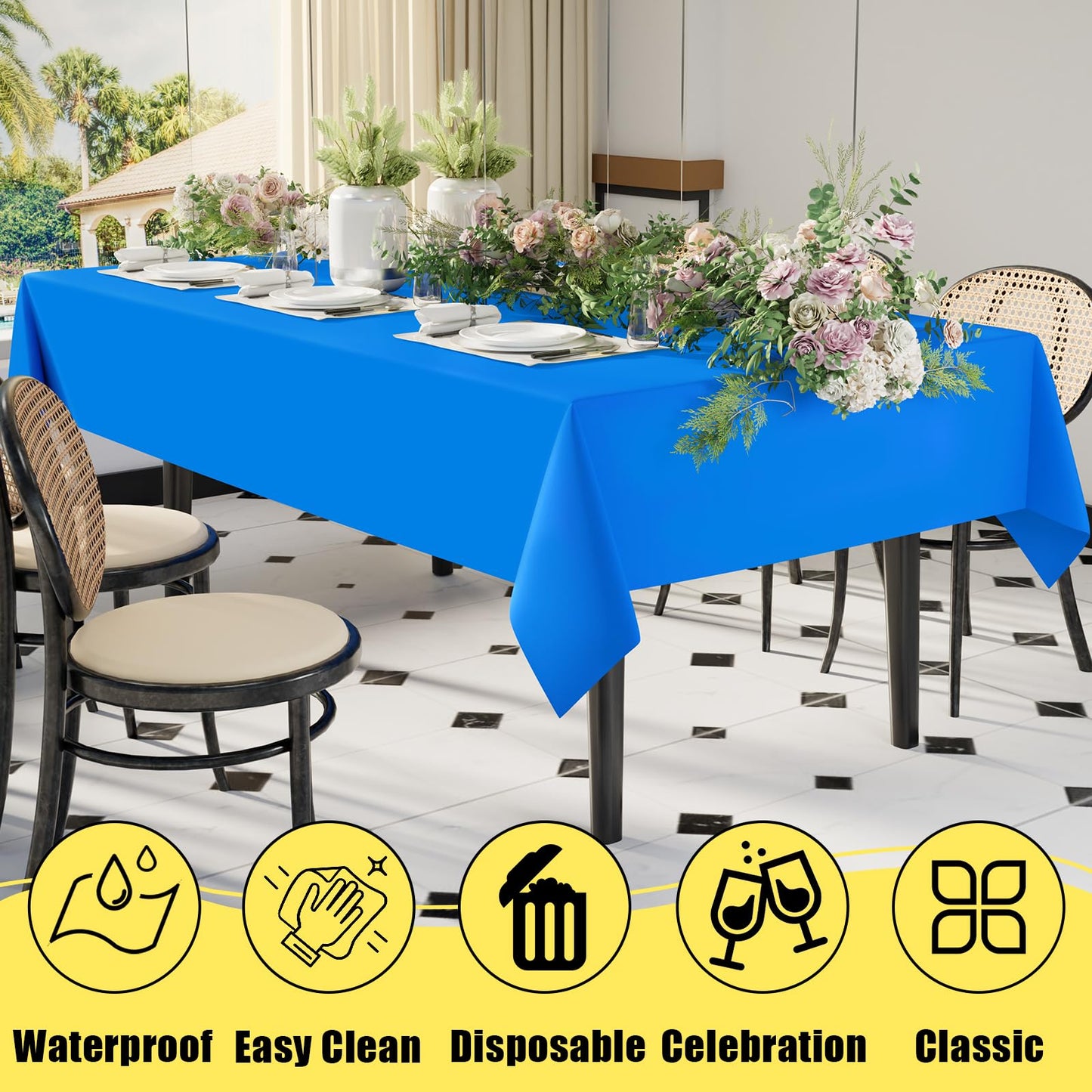 Smiry Disposable Table Cloth - 6 Pack, 54 x 108 Inch Table Cloths for Parties, Decorative Tablecloths for Rectangle Tables, Waterproof Plastic Table Cover, Leakproof & Sturdy, Blue