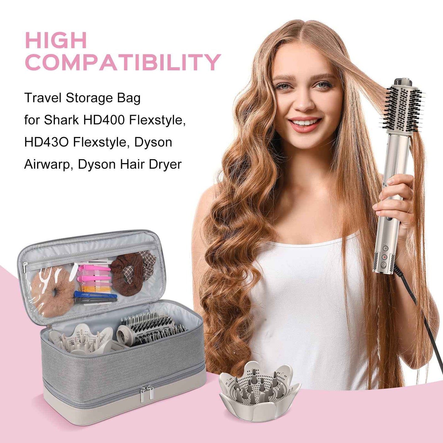 WINZEDGE Travel Carrying Case for Shark Flexstyle Air Styling & Drying System,Double-Layer Hair Accessories Tools Storage Bag for Dyson Airwrap Styler Organizer,Gray