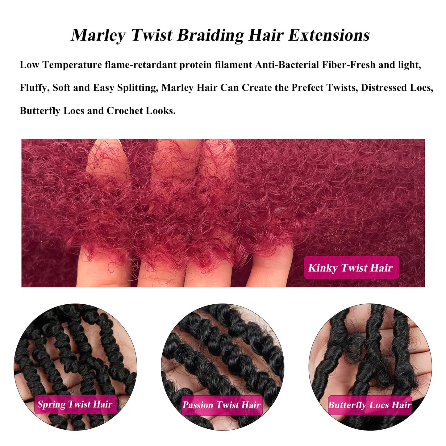 Pre Fluffed Burgundy Spring Twist Crochet Hair Marley Twist Braiding Hair 3 Packs Springy Afro Kinky Cuban Twist Hair 24 Inch for Soft Locs Jamaican Twist Up Braid Hair