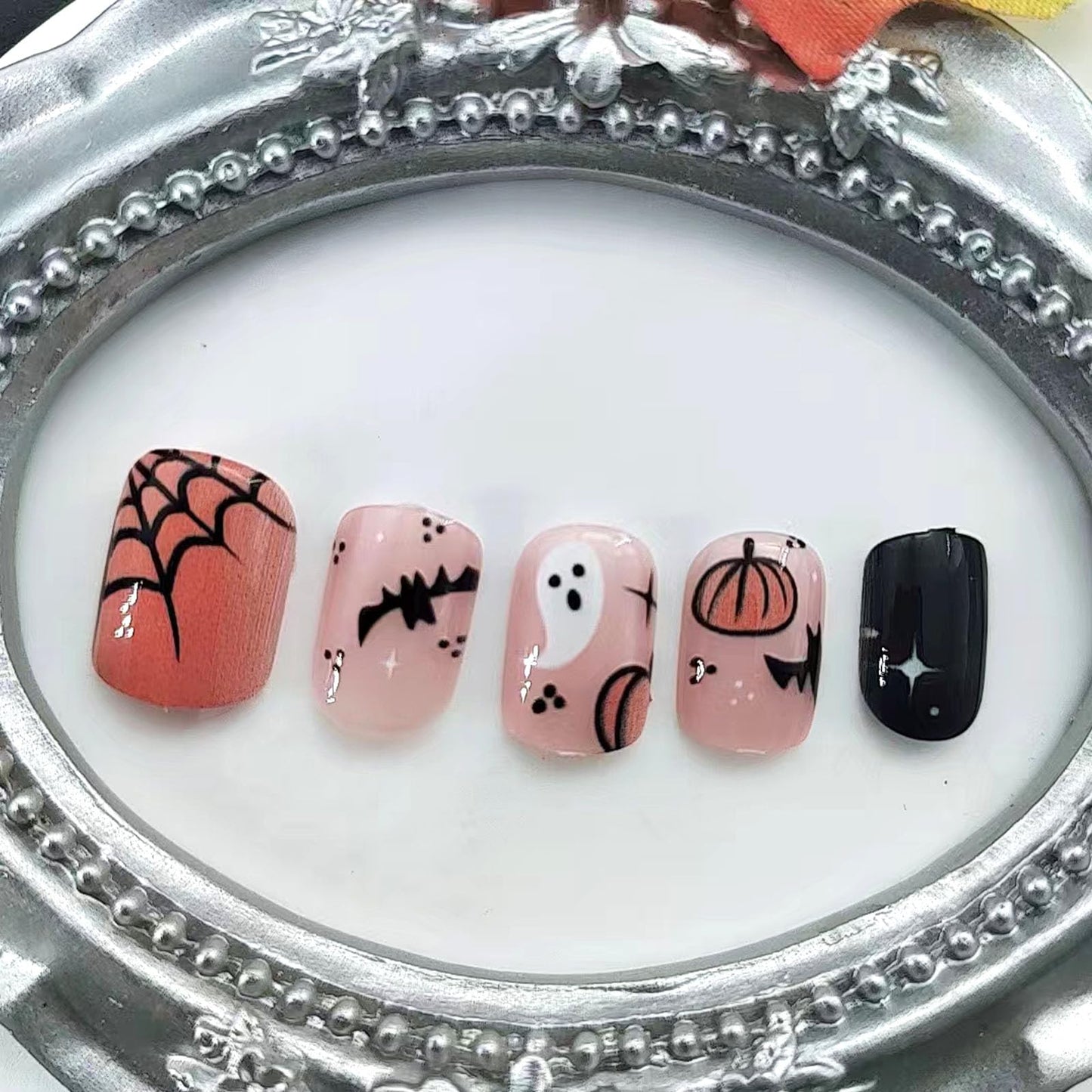 Halloween Press on Nails Short Square Bat Pumpkin Cute Ghost Fake Nails Balck Orange Pink Full Cover Glue on Nails Glossy Acrylic False Nails Press ons for Women 24 Pcs