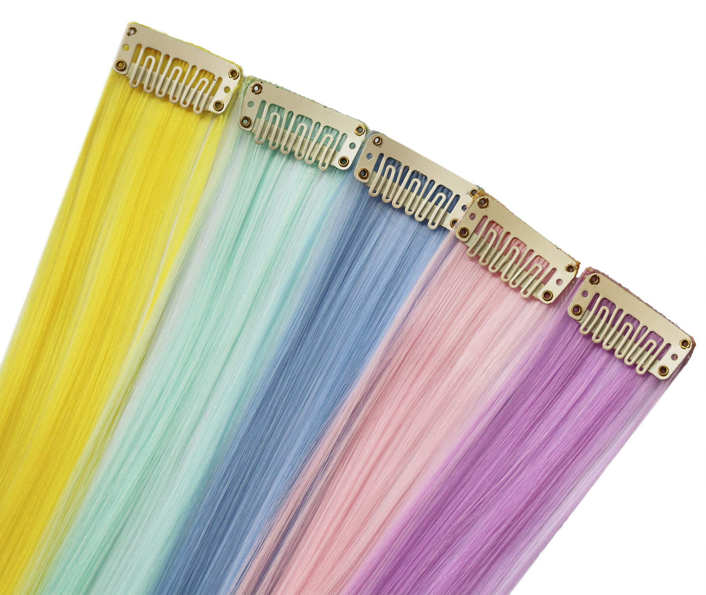 FAIRY COLOR 10 PCS Colored Hair Extensions, Multi-colors Party Highlights Clip in Heat-Resistant Synthetic Hair Extensions 21 Inch (Light blue Light pink Light green Light purple Yellow)