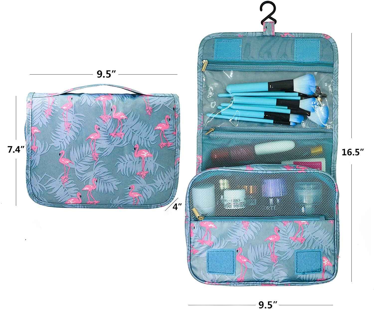 Trawila Travel Hanging Toiletry Bag Cosmetic Bag Makeup Organizers for Men & Women with Sturdy Hook (Light Blue Flamingo)