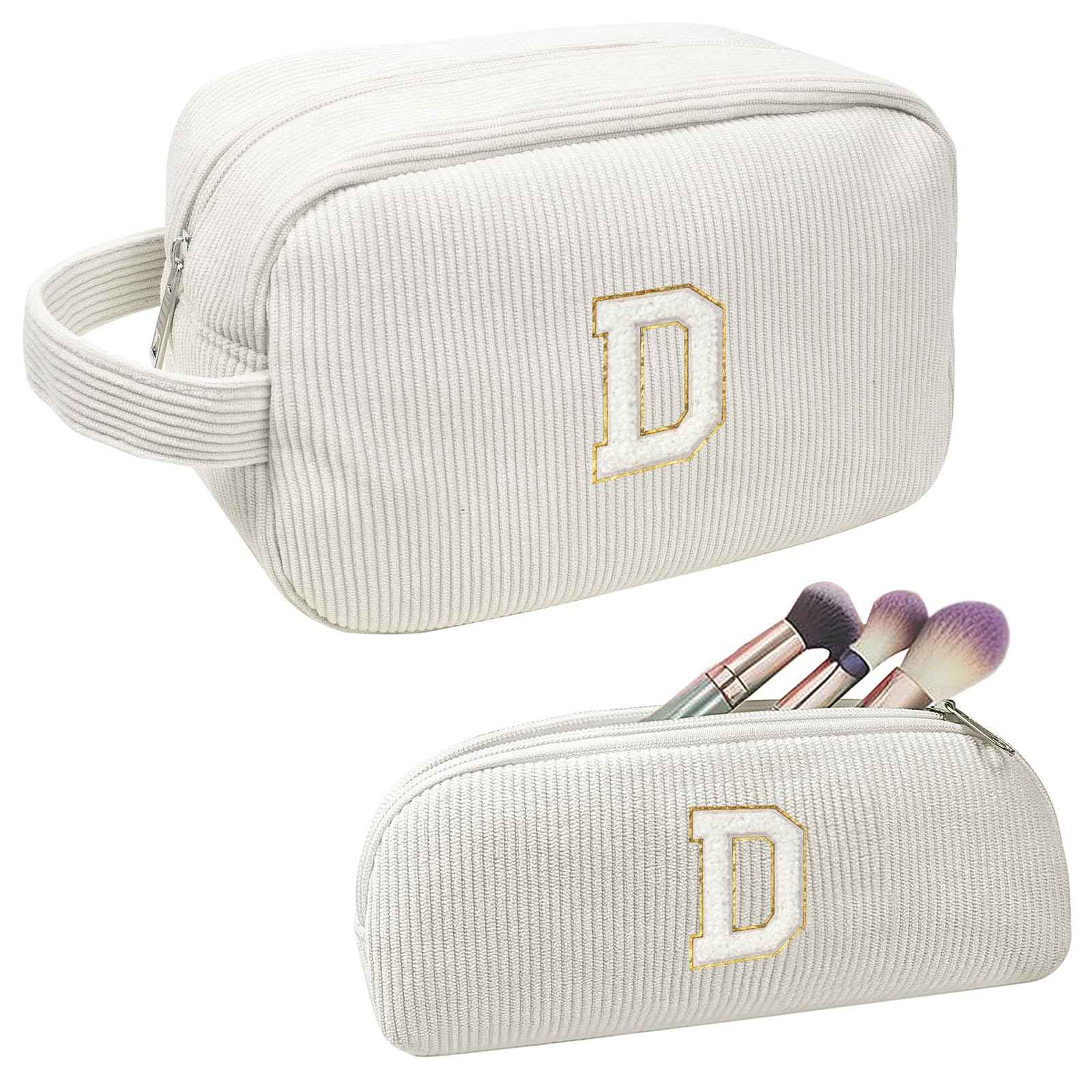 FFpaw 2PCS Initial Makeup Bag, Preppy Patch Cosmetic Bag for Purse Personalized Makeup Bag Organizer Travel Toiletry Bag Makeup Brushes Aesthetic Accessories Storage Bag for Women (White, D)