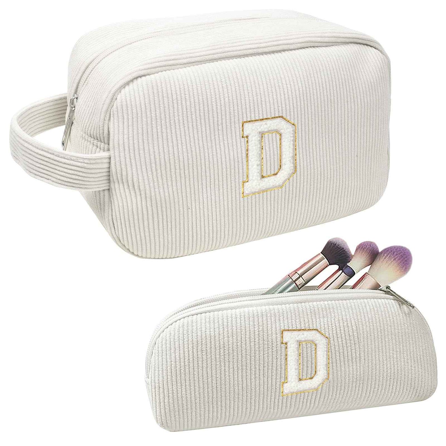 FFpaw 2PCS Initial Makeup Bag, Preppy Patch Cosmetic Bag for Purse Personalized Makeup Bag Organizer Travel Toiletry Bag Makeup Brushes Aesthetic Accessories Storage Bag for Women (White, D)