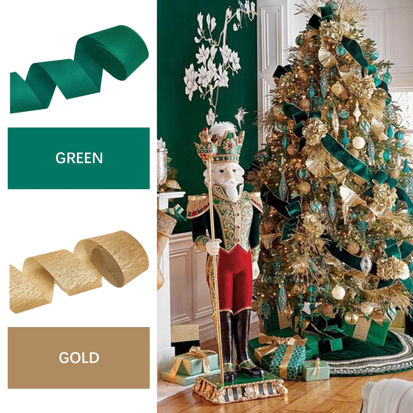 PartyWoo Crepe Paper Streamers 6 Rolls 492ft, Pack of Crepe Paper Streamers in Green and Gold, Crepe Paper for Birthday Decorations, Party Decorations, Christmas Decorations (1.8 in x 82 Ft/Roll)