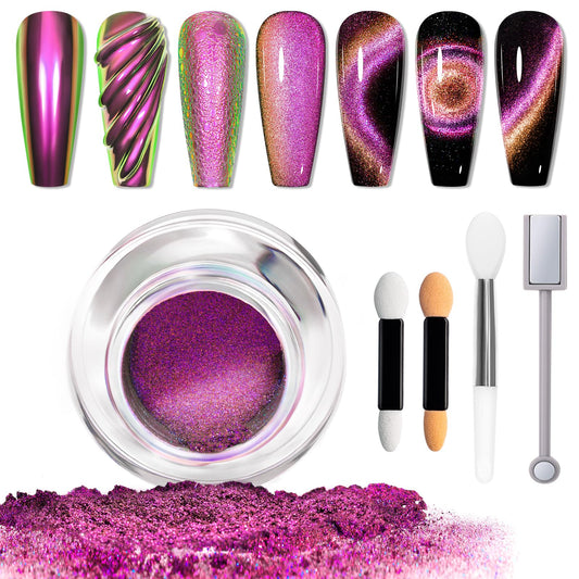 MIZHSE 9D Cat Eye Chrome Nail Powder Mirror Effect Purple Magnetic Glitter Pigment Powder for Gel Nails Chameleon Cateye Magic Galaxy Nail Art Powder with Magnet