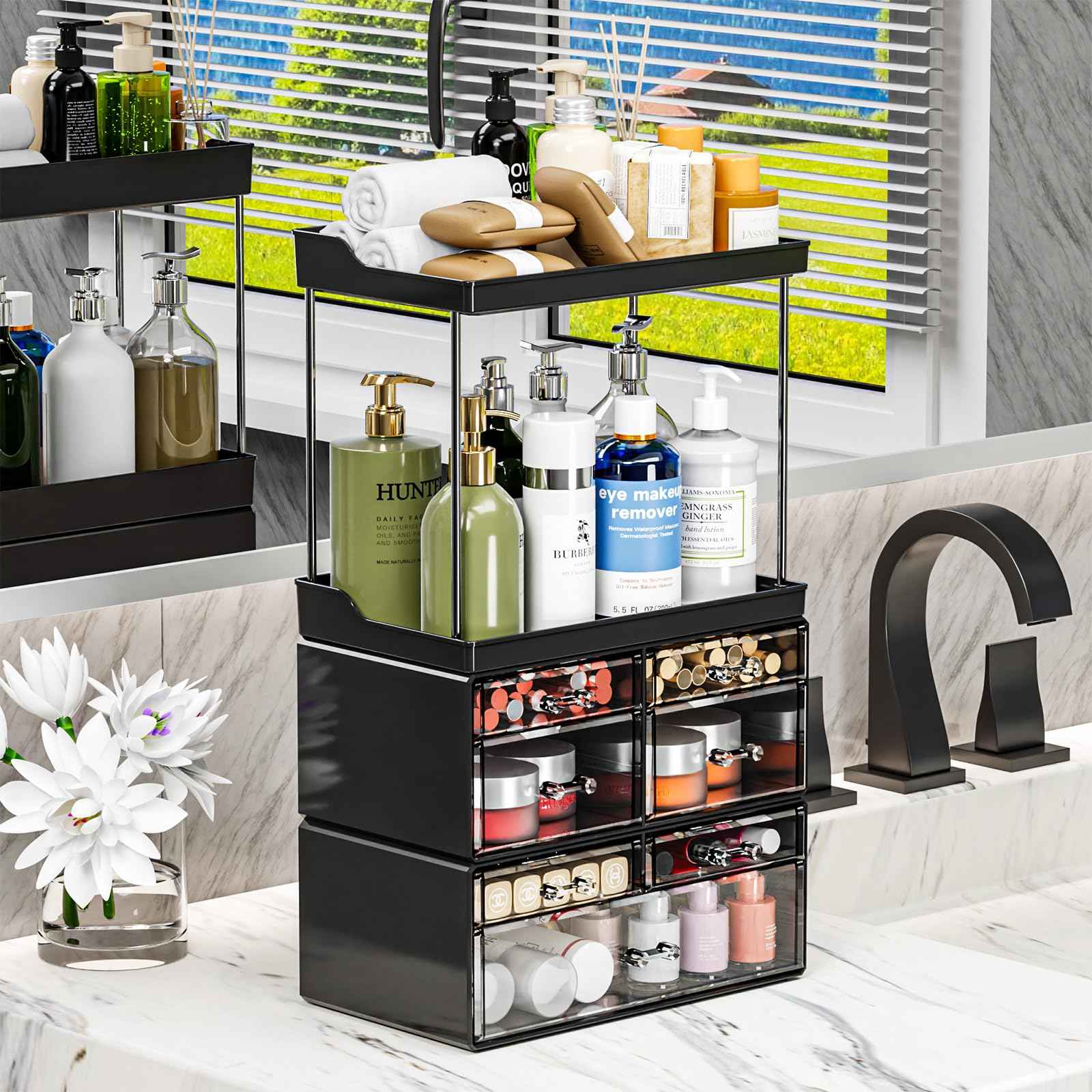 3 Pack Bathroom Organizers and Storage Countertop With 7 Drawers,Stackable Vanity Drawer Organizer for Makeup,18.9" Tall Large Capacity Skincare Organizer and Exquisite Makeup Organizer,Black