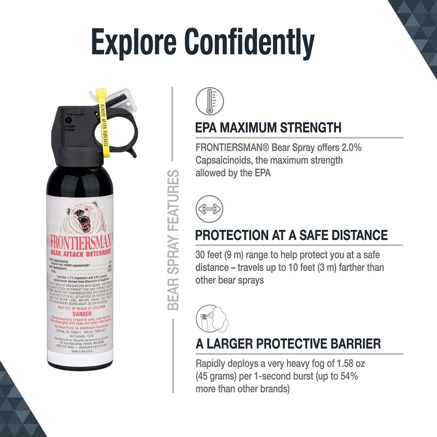 SABRE Frontiersman 7.9 fl oz. Bear Spray, Maximum Strength 2.0% Major Capsaicinoids, Powerful 30 ft. Range Bear Deterrent, Outdoor Camping & Hiking Protection, Quick Draw Holster & Multipack Options