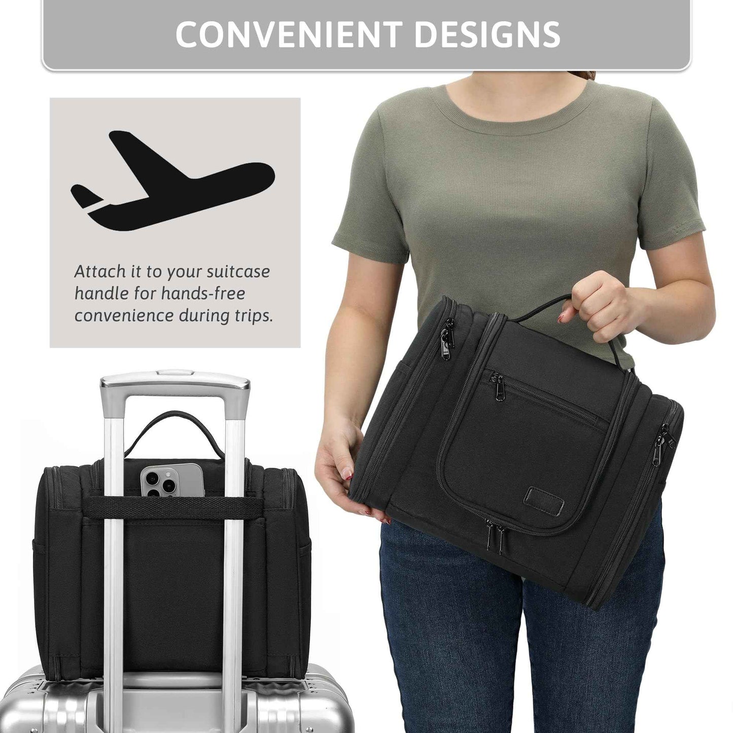 Pearl Angeli Hanging Toiletry Bag for Women, Large Makeup Cosmetic Bag, Water Resistant Toiletries Travel Essentials Organizer, Full-size Container, Black