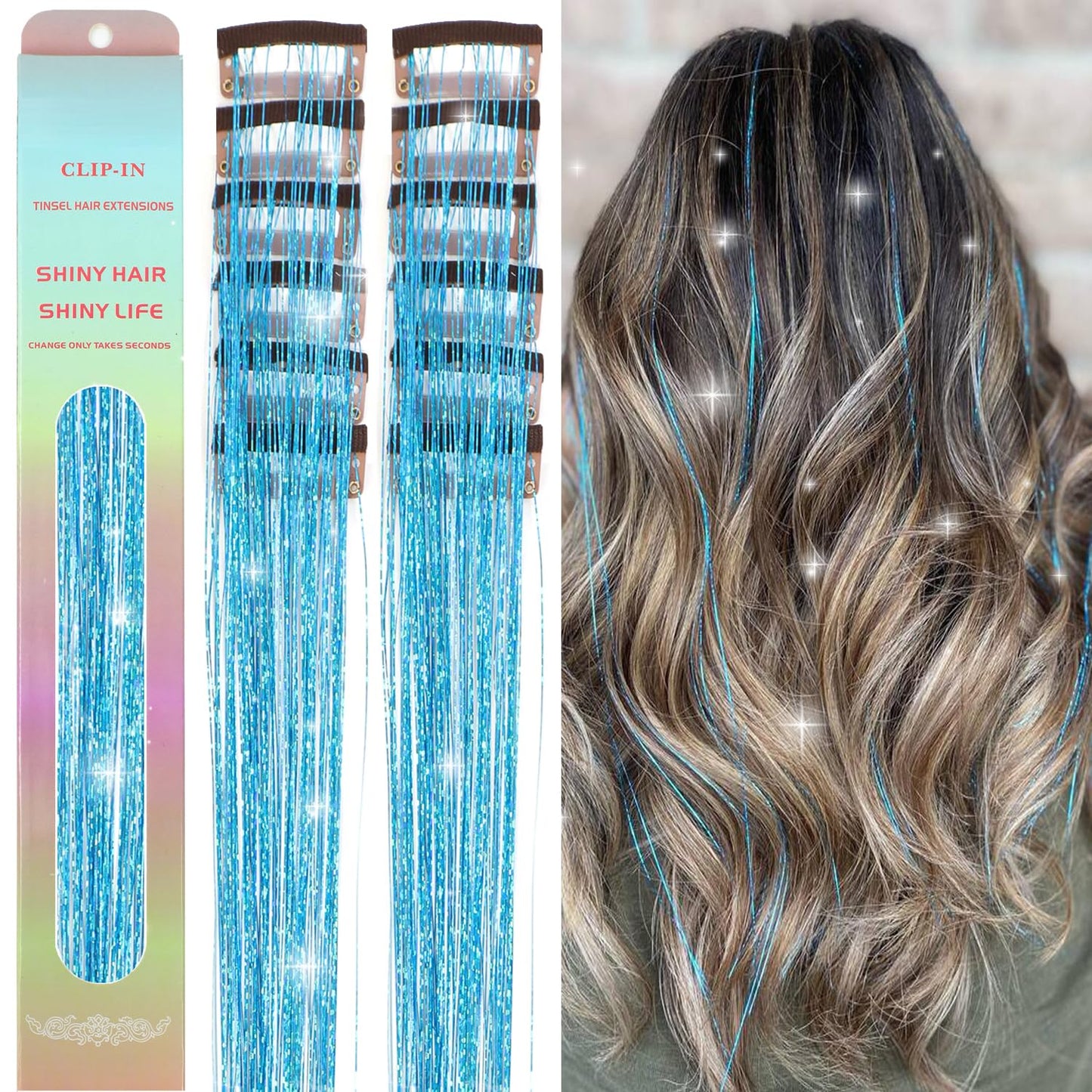 MISSUHUI 12Pcs Hair Tinsel Clip in 23.6Inch Clip in Hair Tinsel Glitter Tinsel Hair Extensions Heat Resistant Tinsel Hair Kit Clip in Sparkling Fairy Hair Accessories for Girls Women Kids (Lake Blue)