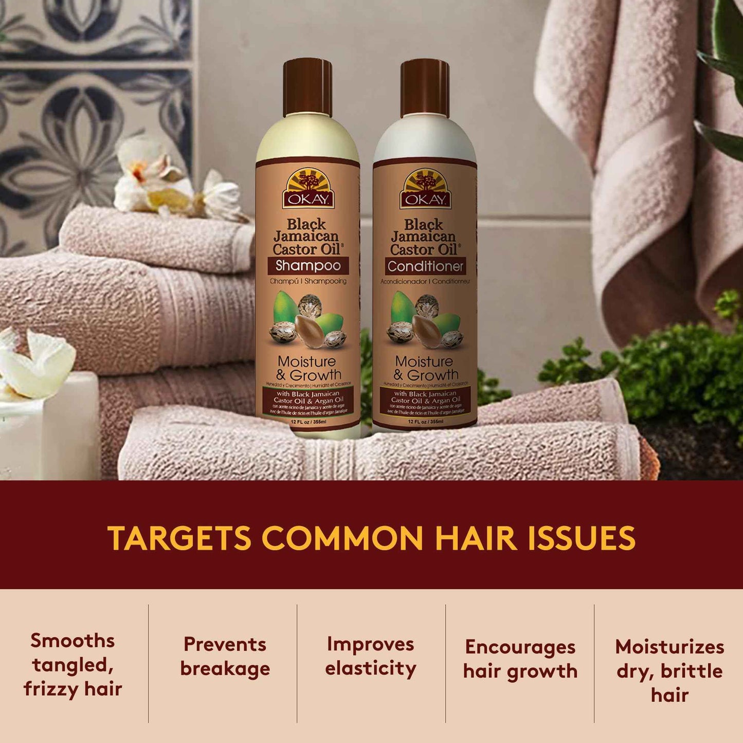 Okay Shampoo & Conditioner Black Jamaican Castor Oil Hair Care Set Moisture & Growth Helps Strengthen & Regrow Hair Sulfate, Silicone, Paraben Free for All Hair Types, 12 ounces