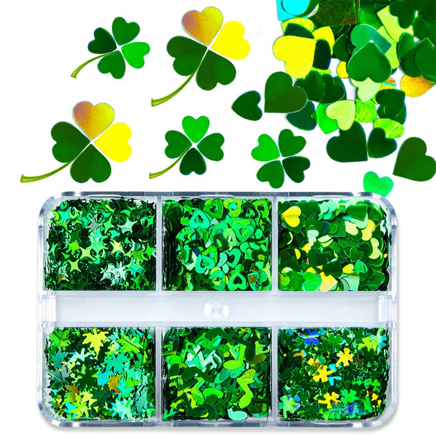 2 Boxes St. Patrick's Day Nail Art Glitters Sequins, Holographic Shamrock Nail Glitters Sequins Stars Heart Shape Designs for St. Patrick's Day Manicure Accessories(Green)