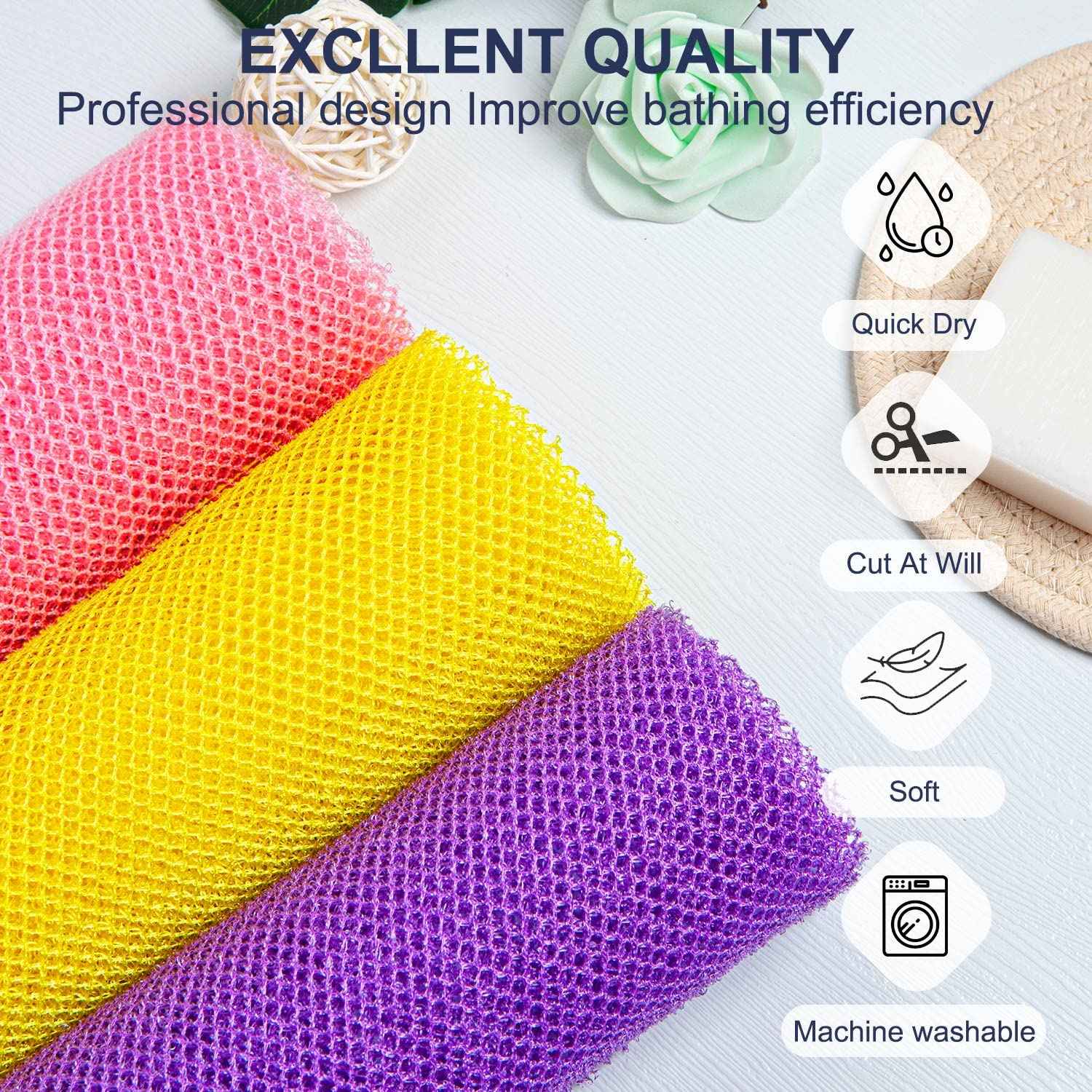 GIGULES, 3 Pieces African Net Bath Sponge African Exfoliating African Scrubbing Long Net Rag African Wash Net Shower Body Scrubber, Yellow Pink Purple