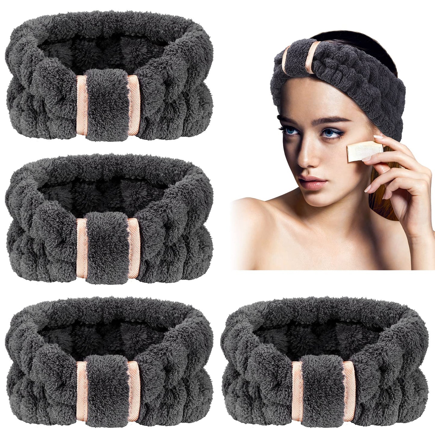 WILLBOND 4 Pack Microfiber Headbands Spa Facial Headbands Makeup Headbands Elastic Terry Cloth Head Wrap for Women Girls Washing Face Makeup Shower Yoga Sports (Black)