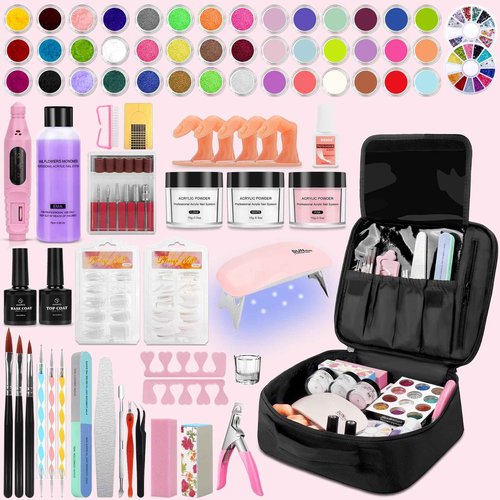 42 Colors Acrylic Nails Kits with Drill and UV Light- Acrylic Nail Powder Glitter and Monomer Liquid Kit with Nail Storage Bag, 5PCS Practice Finger