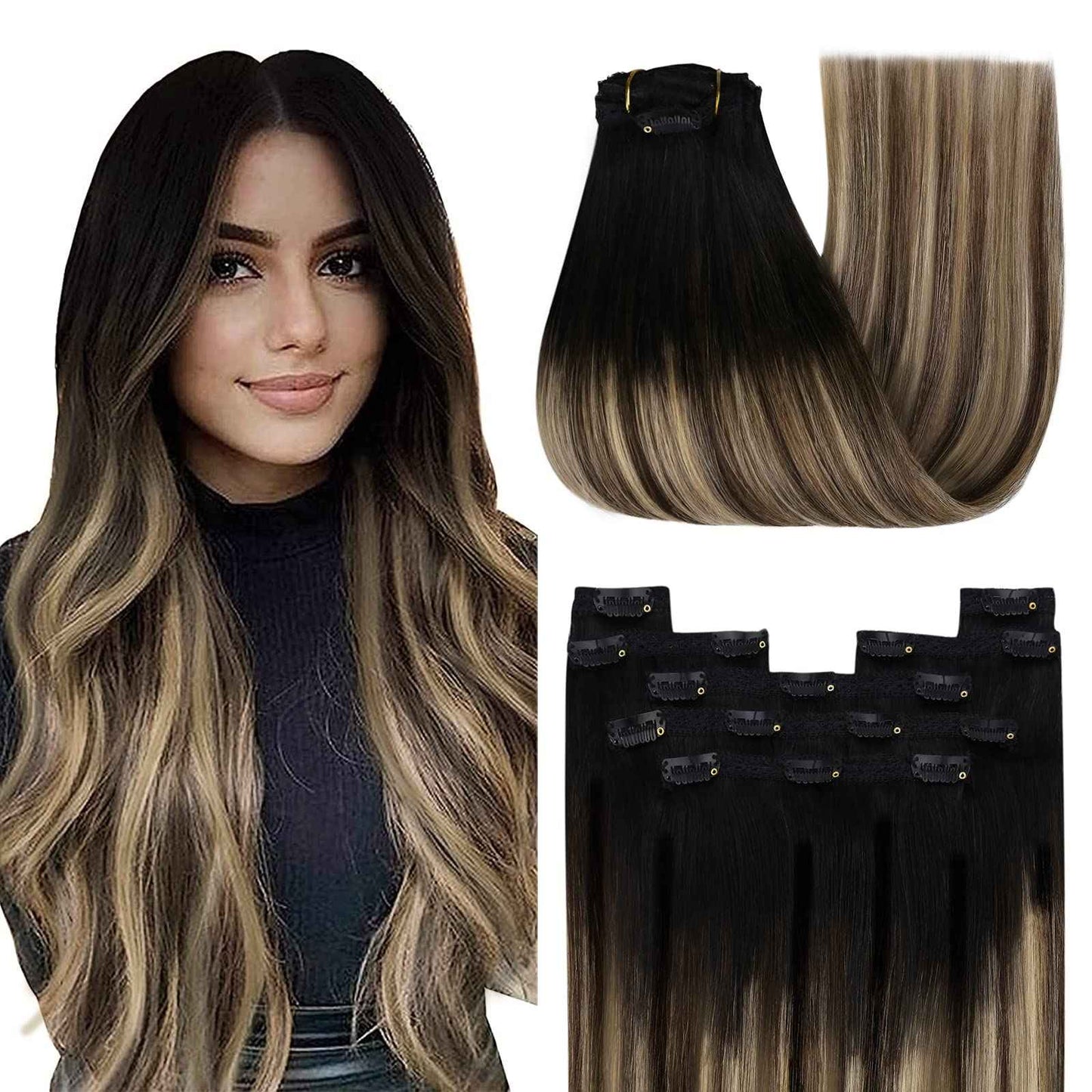 YoungSee 18 Inch Clip in Hair Extensions Black Ombre 120G Clip in Human Hair Extensions Balayage Natural Black Ombre Dark Brown Mix Caramel Brown Clip ins Extensions Ease of Use 18In 7Pcs