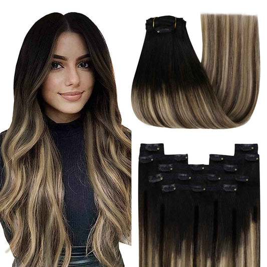 YoungSee 18 Inch Clip in Hair Extensions Black Ombre 120G Clip in Human Hair Extensions Balayage Natural Black Ombre Dark Brown Mix Caramel Brown Clip ins Extensions Ease of Use 18In 7Pcs