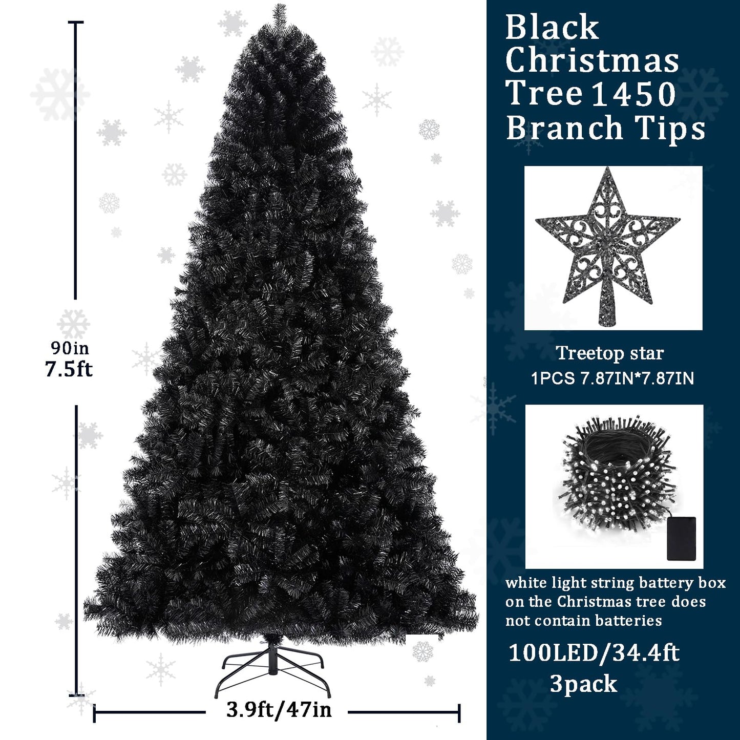 7.5ft Black Christmas Tree Artificial Christmas Tree Halloween Tree Decorations with 1,450 Tips-1pcs Treetop Star 3 Set 300 Led String Lights, Pencil Christmas Tree Indoor Holiday Party Decorations