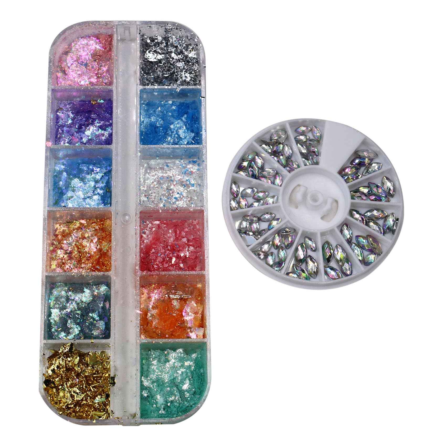 Holographic Nail Glitter 12 Grids Opal Glitter Powder Nail Charms Eye Rhinstones Mermaid Iridescent Nail Sequins Flakes Gold Silver Nail Foil for Nail Art Deisgn Kit for Christmas Halloween