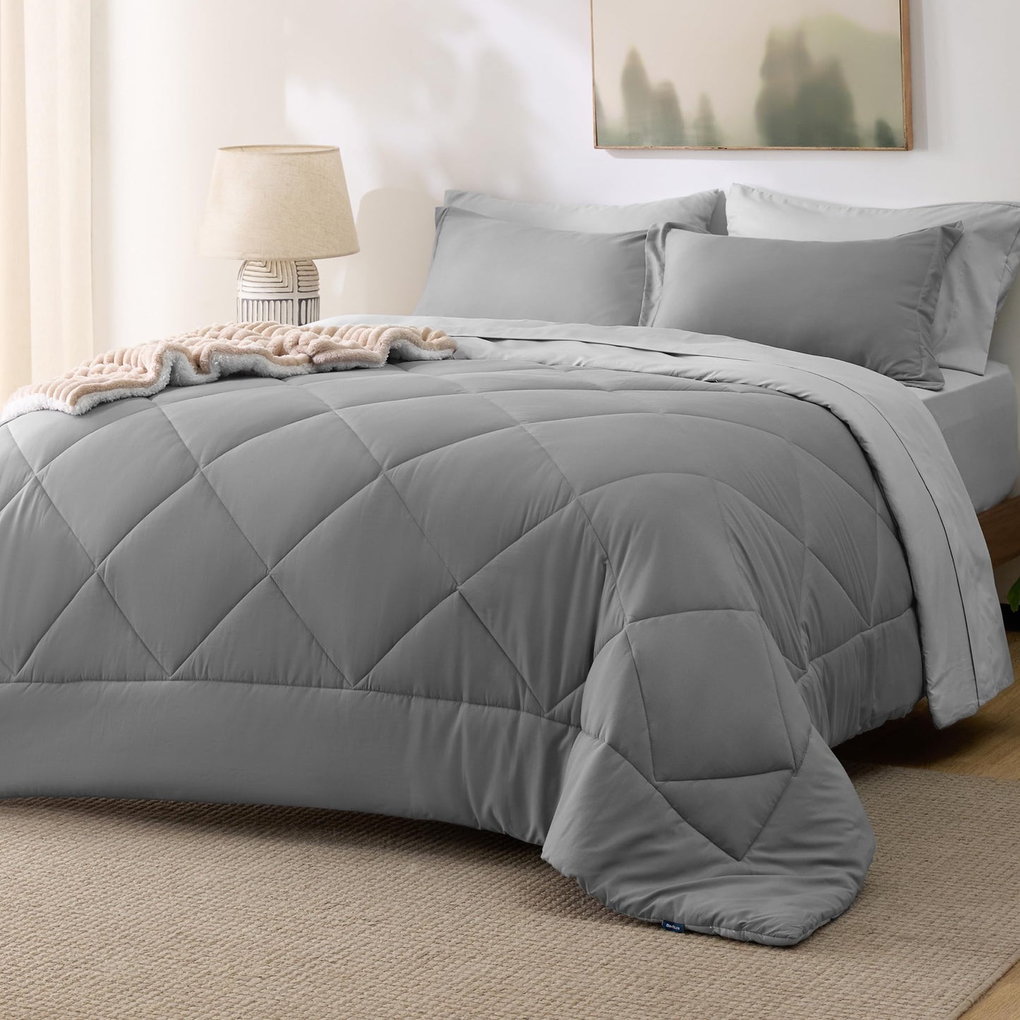 Bedsure Queen Comforter Set - 7 Pieces Reversible Comforters Queen Size Bed Set Bed in a Bag with Comforter, Sheets, Pillowcases & Shams, Grey Bedding Sets