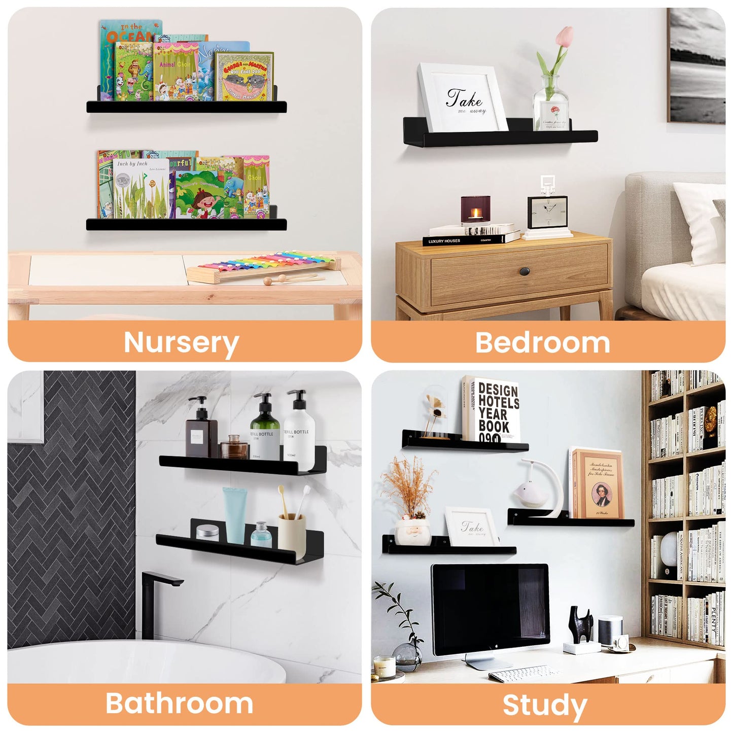 upsimples 4 Pack Acrylic Shelves for Wall Storage, 15" Floating Bookshelves for Kids, Display Shelf Organizer for Bathroom, Bedroom, Living Room, Kitchen, Room Decor, Black