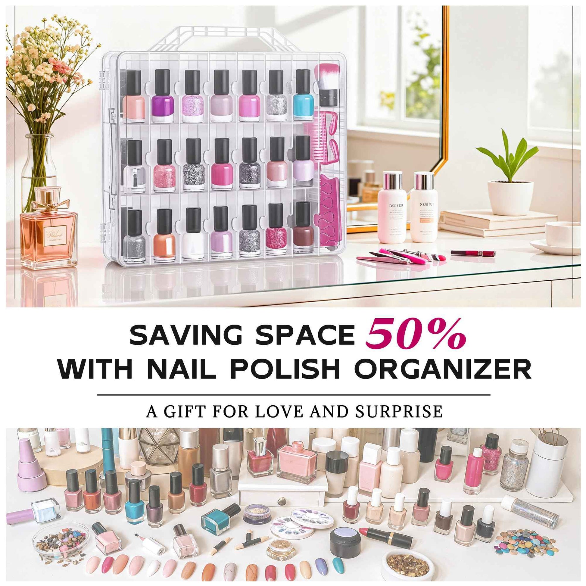 DreamGenius Nail Polish Organizer Case for 48 Bottles with 2 Nail Separators, Double Side Gel Nail Polish Holder with Adjustable Dividers, Clear