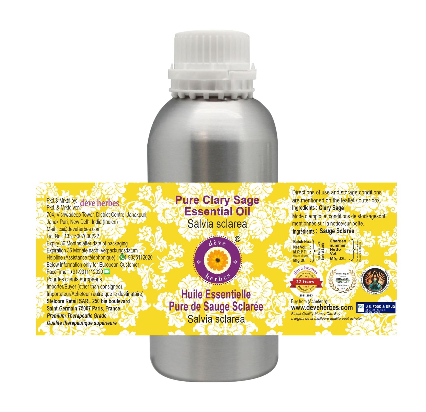 Deve Herbes Pure Clary Sage Essential Oil (Salvia sclarea) Steam Distilled 1250ml (42 oz)