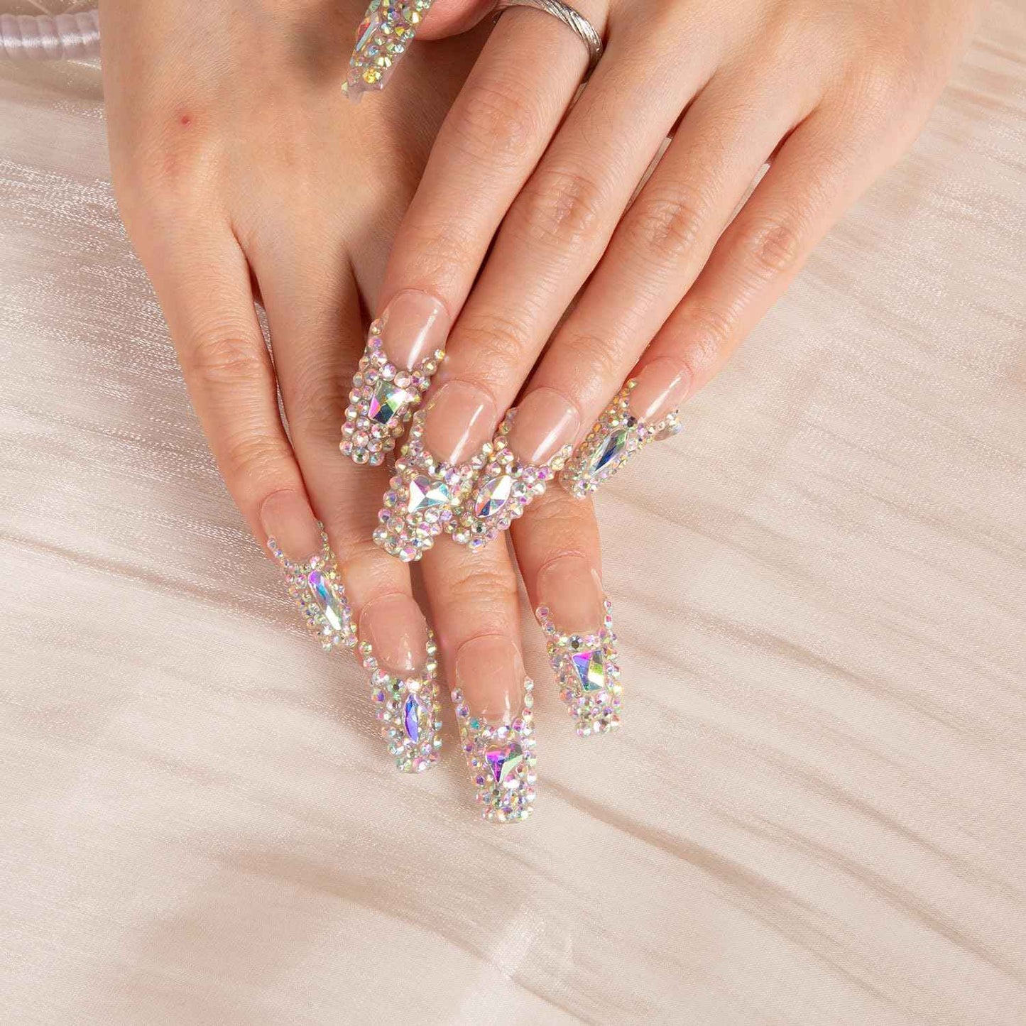 LOVFUL Press on Nails Angel's Tear Rhinestone | Handmade with Full Covered Crystals | Reusable Full Cover Nails | Coffin Classic Regular 1.3 in | H48-M