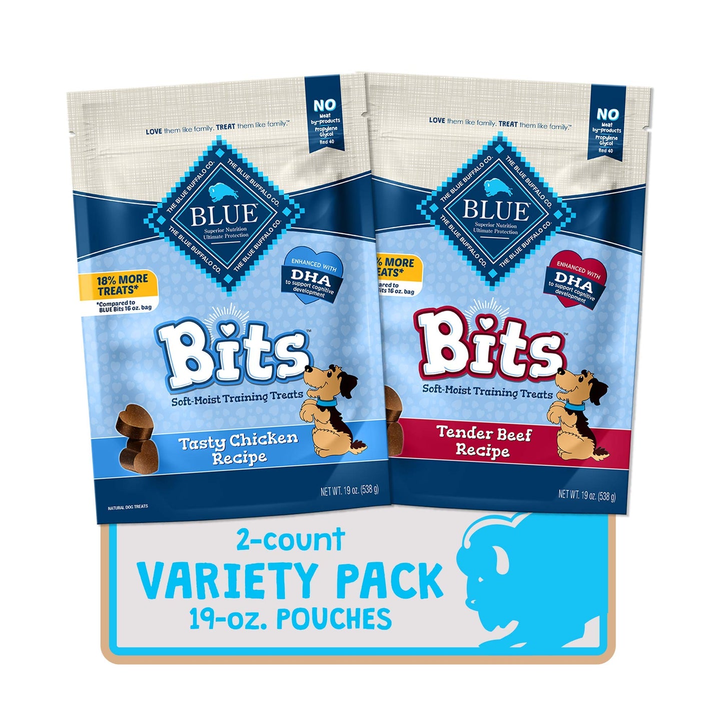 Blue Buffalo Blue Bits Natural Soft-Moist Training Dog Treats, Chicken & Beef Recipes 19-oz Bag Variety Pack, 2 Count