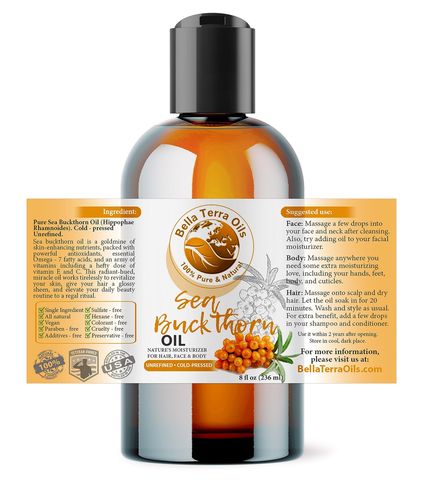 Bella Terra Oils - Organic Sea Buckthorn Oil 8oz - Cold-Pressed Treasure, Bursting with Omega-3 & Omega-6, A Radiant Glow in Every Bottle