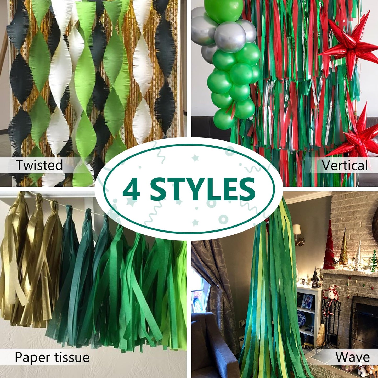 PartyWoo Crepe Paper Streamers 6 Rolls 492ft, Pack of Crepe Paper Streamers in Green and Gold, Crepe Paper for Birthday Decorations, Party Decorations, Christmas Decorations (1.8 in x 82 Ft/Roll)