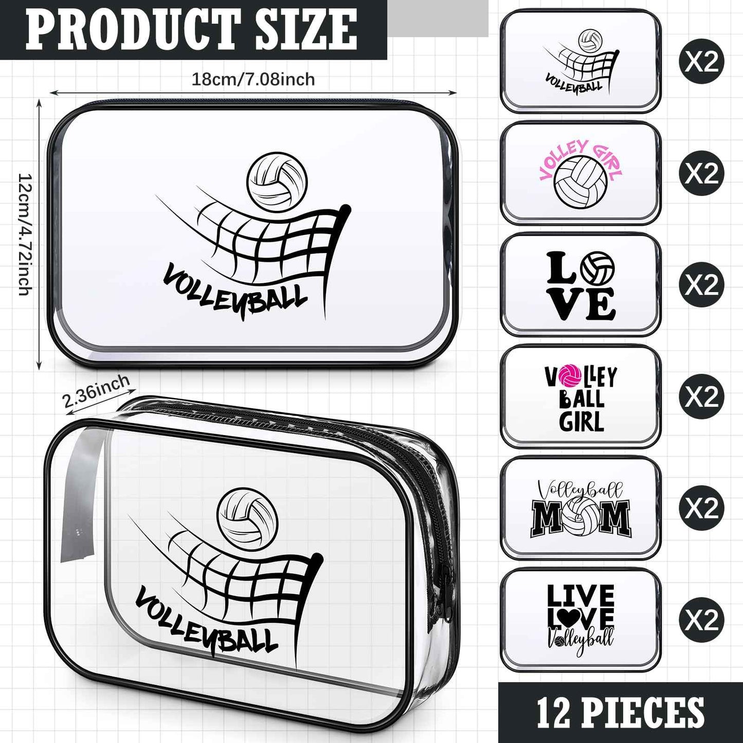 Abbylike 12 Pcs 7 x 4.7 x 2.4'' Cosmetic Bag Gifts Accessories for Makeup Bags Clear PVC Cheer Case Toiletry Zipper Pouch for Women Christmas Xmas (Volleyball Theme)