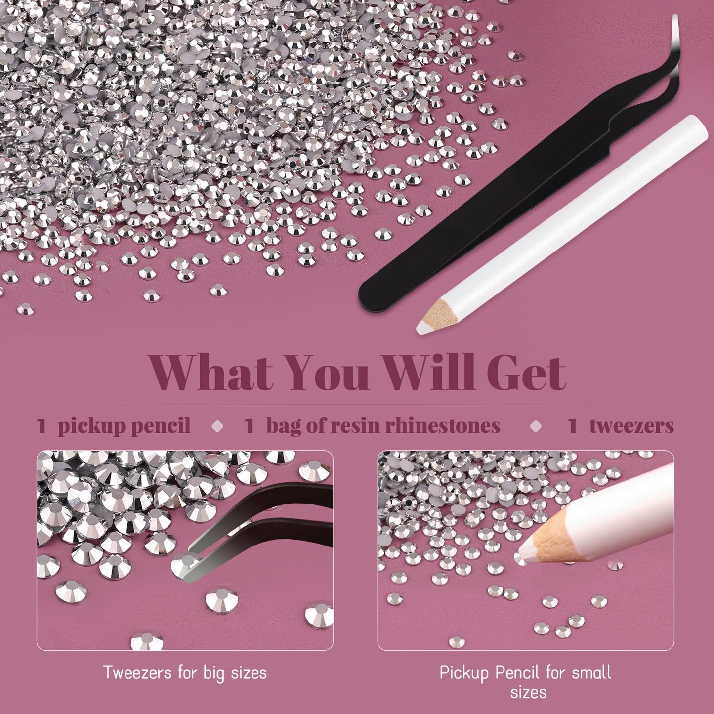 12000PCS 2mm Resin Rhinestones Bulk for Crafting (Silver), Flatback Bedazzling Crystals for Crafts DIY Nail Decoration, Gems Charms for Tumbler Shoes Clothing Fabric with Pickup Pen and Tweezers