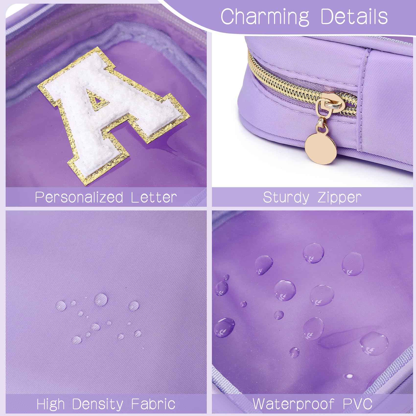 LOFOWN Initial Clear Makeup Bag Small Cosmetic Bag Travel Toiletry Bag Clear Zipper Pouch Purse Organizer Bags for Women (Purple, A)