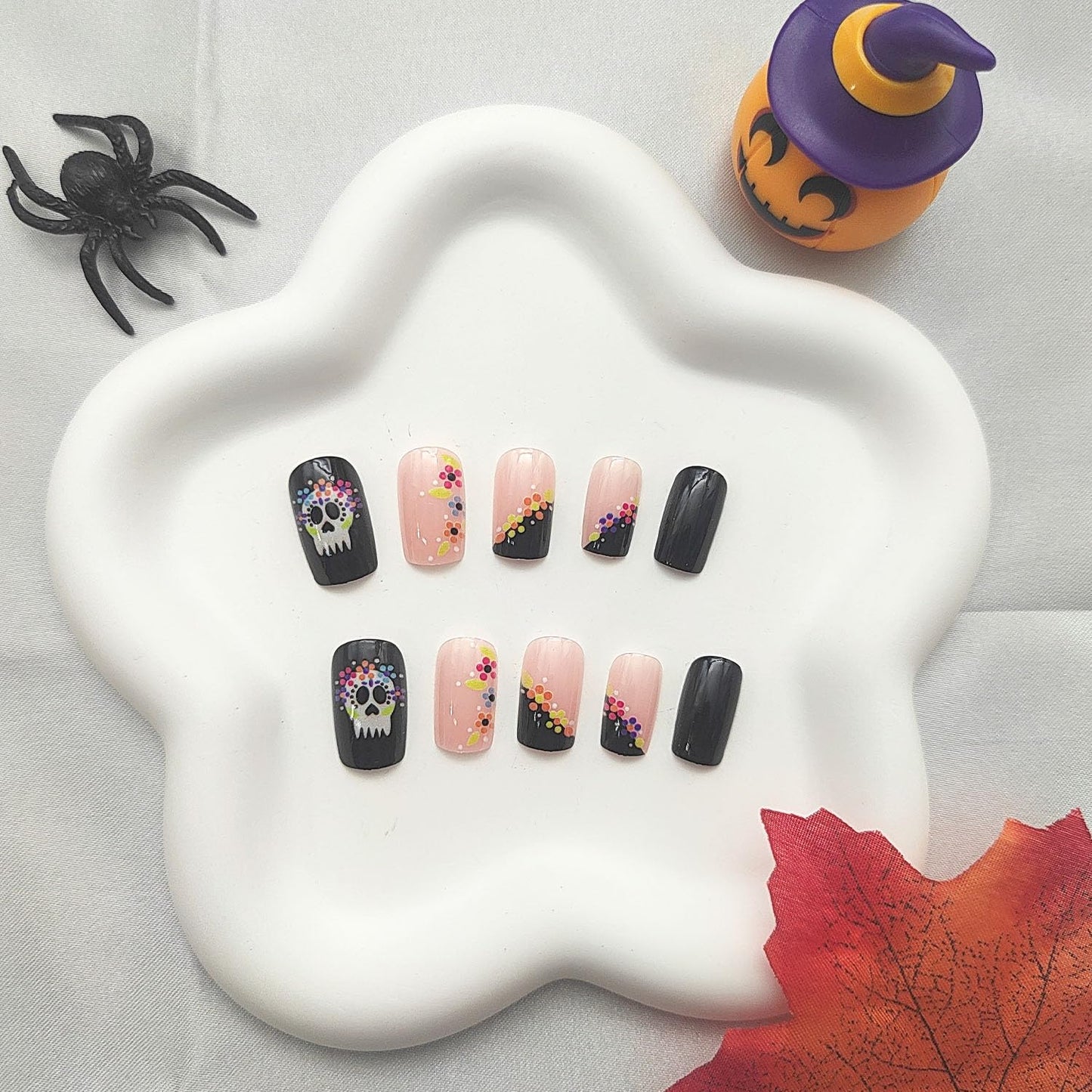 Halloween Press on Nails Medium Square Fake Nails Skull Acrylic Nails Black French Full Cover Nails Press ons Flowers Artificial Cute Halloween False Nails for Women Girl 24 Pcs