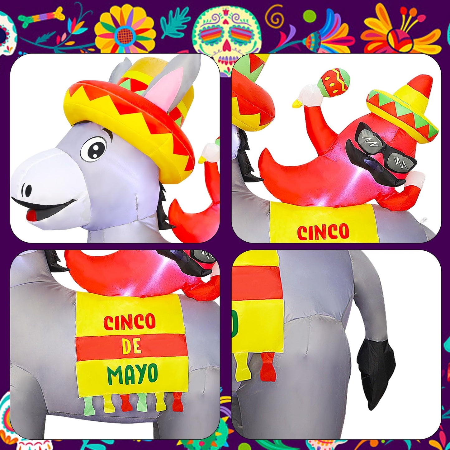 Joliyoou 5FT H Cinco de Mayo Inflatable Yard Decoration, Lighted Blow Up Donkey Carrying Mr. Chilli, Light Up Air Blown for Mexican Fiesta Fifth of May Home Garden Lawn Patio Festival Decor