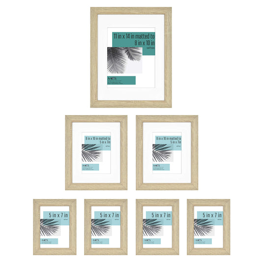 MCS Studio Gallery Set-of-7 Gallery Wall Picture Frames in Natural Woodgrain, 11x14, 8x10 & 5x7, Rectangle Photo Frames for Photos, Posters & Art Prints (7-Pack)