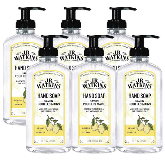 J.R. Watkins Gel Hand Soap, Scented Liquid Hand Wash for Bathroom or Kitchen, USA Made and Cruelty Free, 11 fl oz, Lemon, 6 Pack
