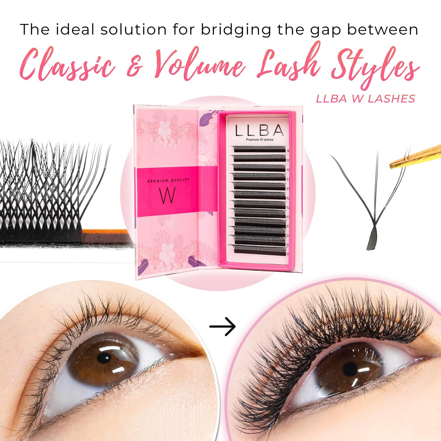 LLBA W Eyelashes Extensions - 3D Handmade Volume Eyelashes | C CC D Curl | Thickness 0.05~0.07mm | 8-15mm Length | Full Fluffy Volume Look | Long Lasting & Easy Application (W, 0.05 CC 13mm)