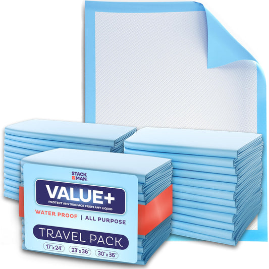 Chucks Pads Variety Pack - 3 Sizes - (17X24", 23X36", 30X36") - 15 Disposable Underpads - The Right Size for Every Need - Make Traveling Easy - Sample Our Range of Sizes or Pack Them for Your Trip!