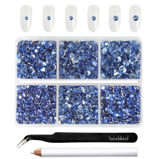 Beadsland 4300pcs Flatback Rhinestones,Light Blue Rhinestones Nail Gems Round Crystal Rhinestones for Crafts,Mixed 6 Sizes with Picking Tweezers and Wax Pencil Kit, SS6-SS20,Light Sapphire